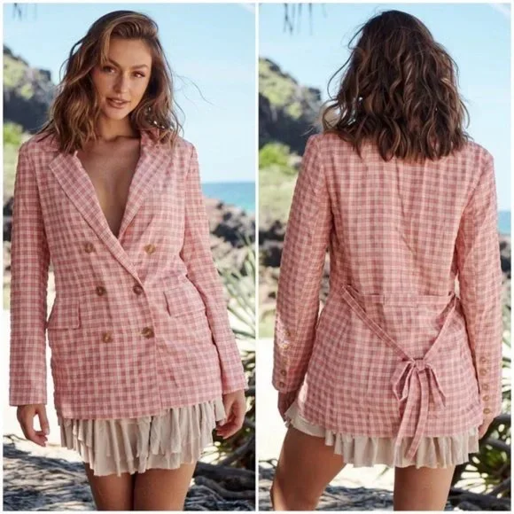 NWT FREE PEOPLE Pink/Rose Olivia Gingham Lightweight Blazer Trench Jacke… - Picture 3 of 16